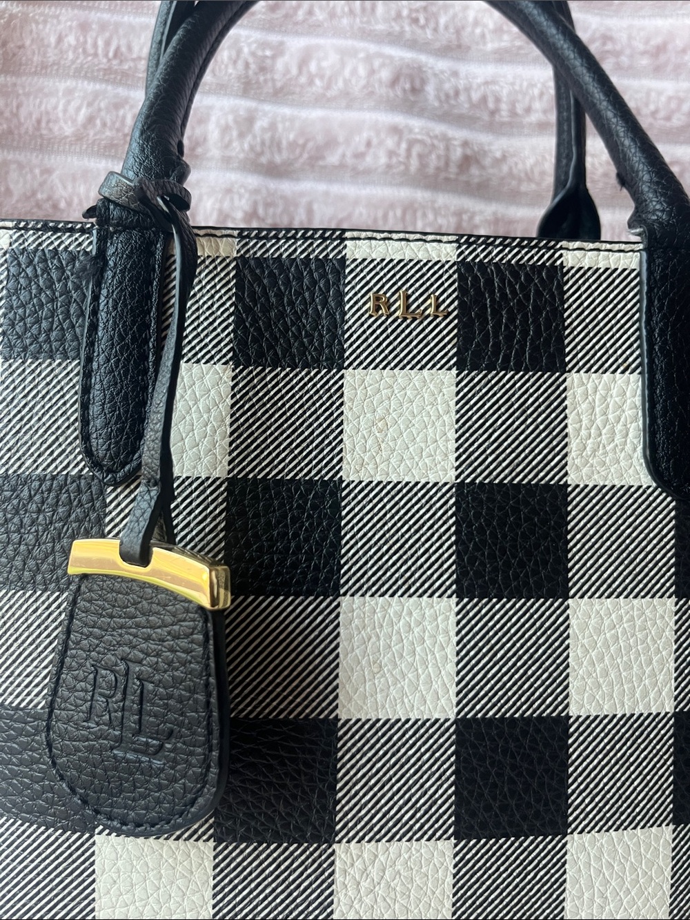 Ralph Lauren Black and White Check Tote Bag with Handles and Strap - Picture 3 of 13